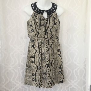 Ann Taylor LOFT Tan Black Linen High Neck Dress